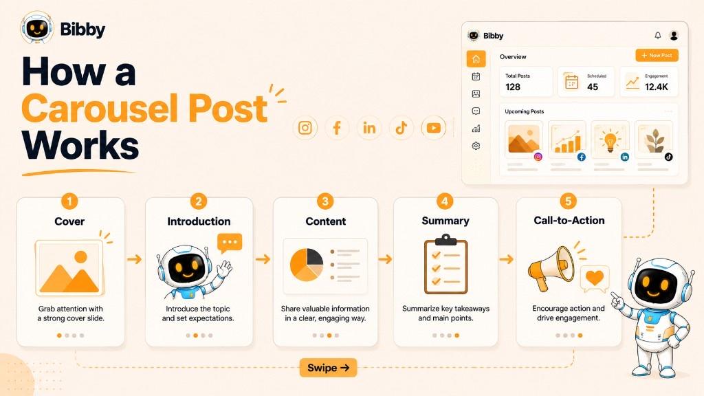 Infographic titled How a Carousel Post Works showing five slides: cover, introduction, content, summary, and call-to-action, with a swipe path and social platform icons.