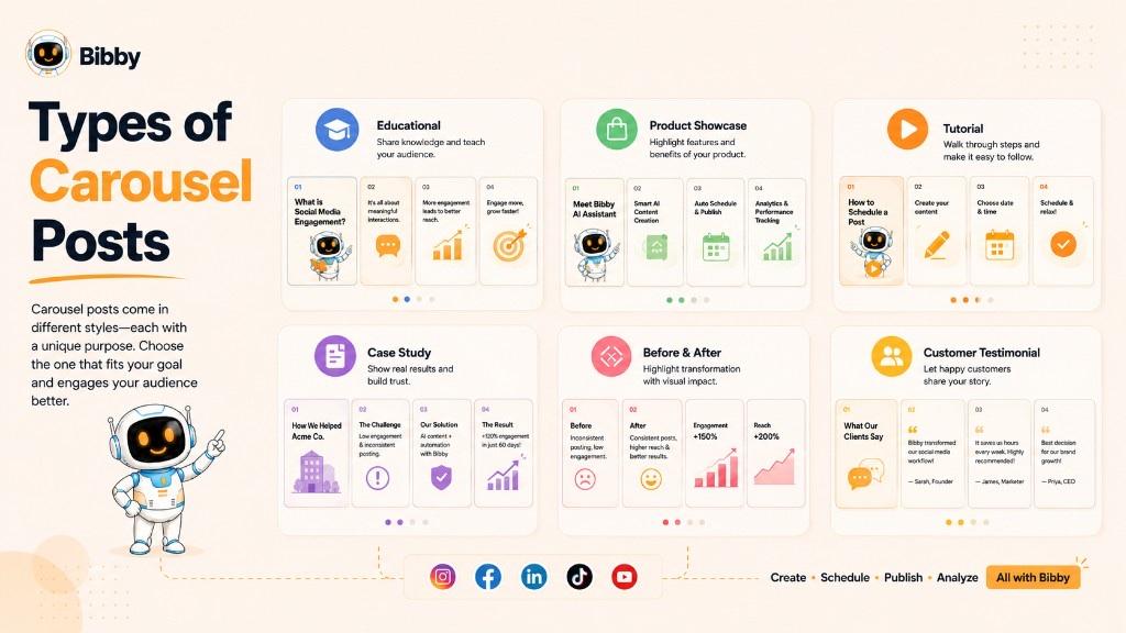 Infographic titled Types of Carousel Posts covering educational, product showcase, tutorial, case study, before and after, and customer testimonial carousel formats with example slide mockups.