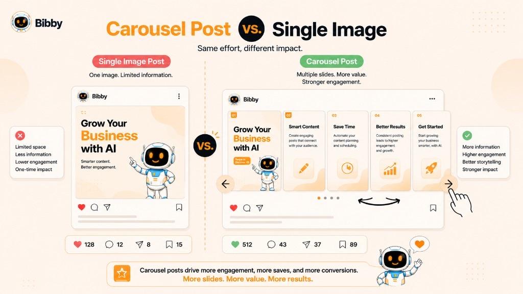 Comparison infographic Carousel Post vs Single Image Post showing a single-image post with limited information and lower engagement beside a multi-slide carousel with higher likes, comments, shares, and saves.