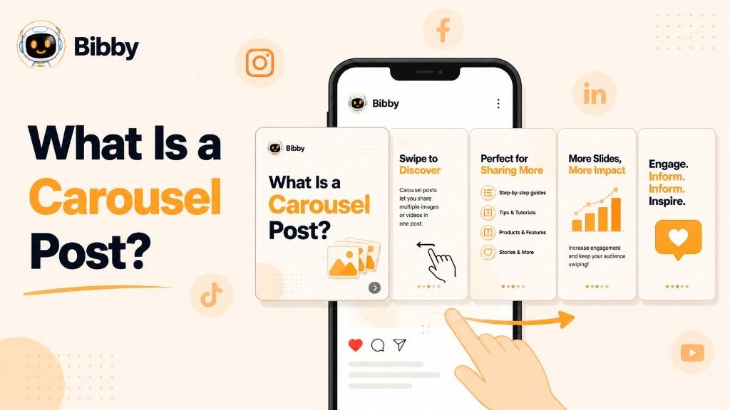 Infographic titled What Is a Carousel Post showing five swipeable slides on a phone: definition, swipe to discover, use cases, engagement benefits, and a call to action, with Instagram, Facebook, LinkedIn, TikTok, and YouTube icons.