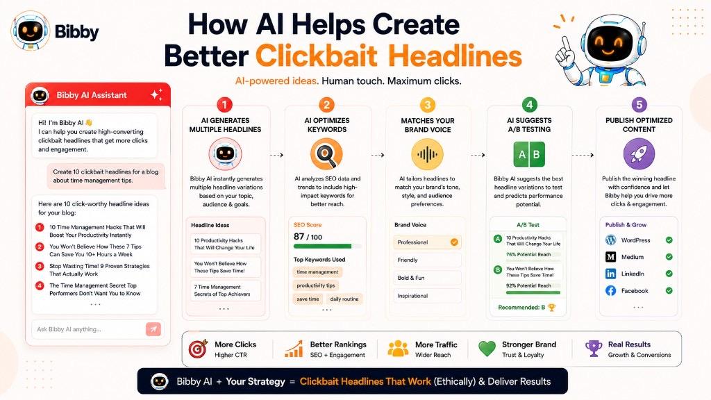 Infographic titled How AI Helps Create Better Clickbait Headlines showing Bibby AI generating headline options, optimizing keywords, matching brand voice, suggesting A/B tests, and publishing across platforms.