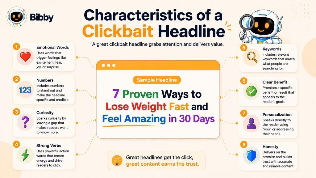 Infographic titled Characteristics of a Clickbait Headline covering emotional words, numbers, curiosity, strong verbs, keywords, clear benefit, personalization, and honesty around a sample headline.