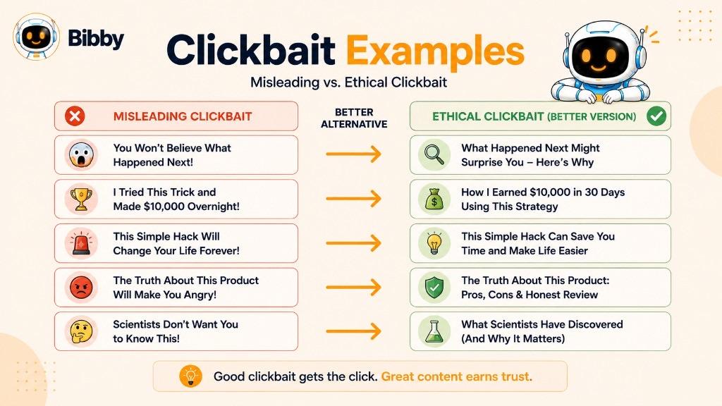 Comparison infographic Clickbait Examples showing misleading vs ethical clickbait headlines with better alternatives that deliver on the promise and earn trust.