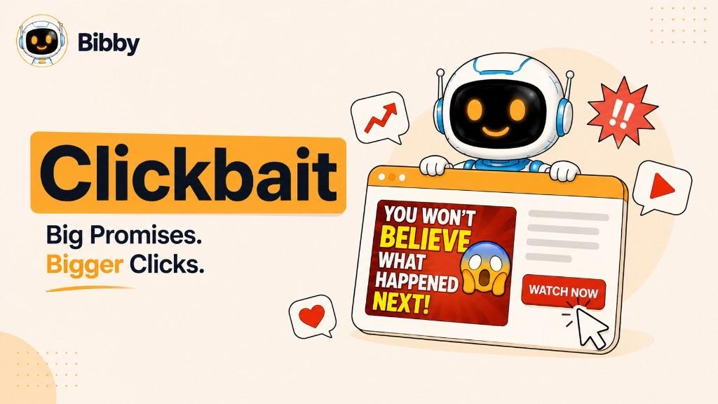 Bibby hero graphic for Clickbait showing the Bibby robot beside a sensational You Won't Believe What Happened Next headline with a Watch Now button, click cursor, and engagement icons on a cream background.