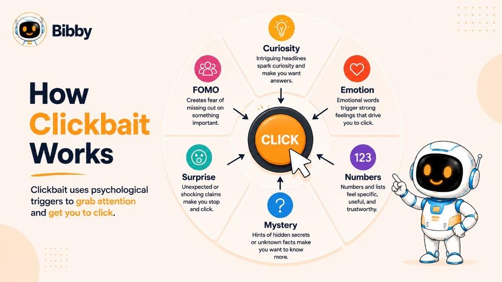 Infographic titled How Clickbait Works showing six psychological triggers around a central click button: FOMO, curiosity, emotion, numbers, mystery, and surprise.