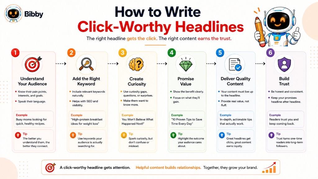Infographic titled How to Write Click-Worthy Headlines with a six-step process: understand your audience, add keywords, create curiosity, promise value, deliver quality content, and build trust.