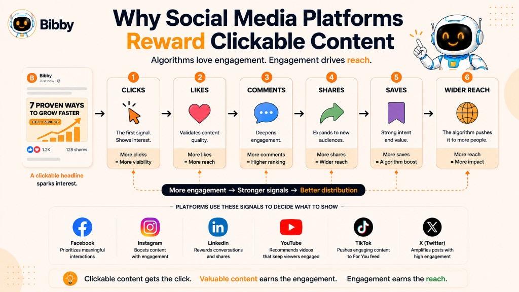 Infographic titled Why Social Media Platforms Reward Clickable Content showing the engagement flow from clicks to likes, comments, shares, saves, and wider reach across Facebook, Instagram, LinkedIn, YouTube, TikTok, and X.
