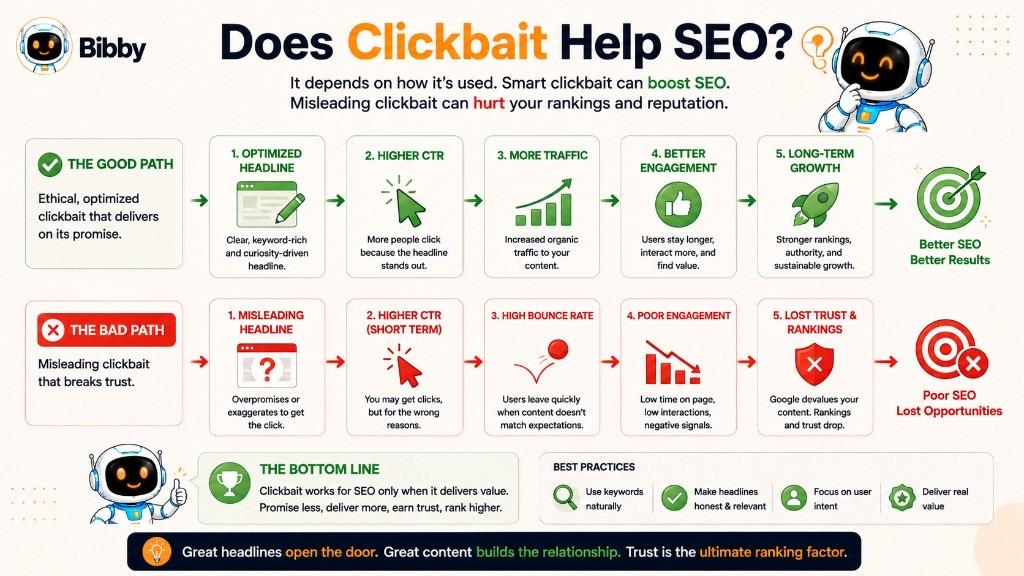 Infographic titled Does Clickbait Help SEO comparing the good path of ethical clickbait to better rankings versus the bad path of misleading headlines that raise bounce rate and hurt trust.