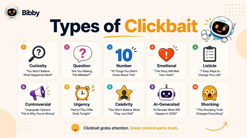 Infographic titled Types of Clickbait with 10 headline styles: curiosity, question, number, emotional, listicle, controversial, urgency, celebrity, AI-generated, and shocking, each with an example.