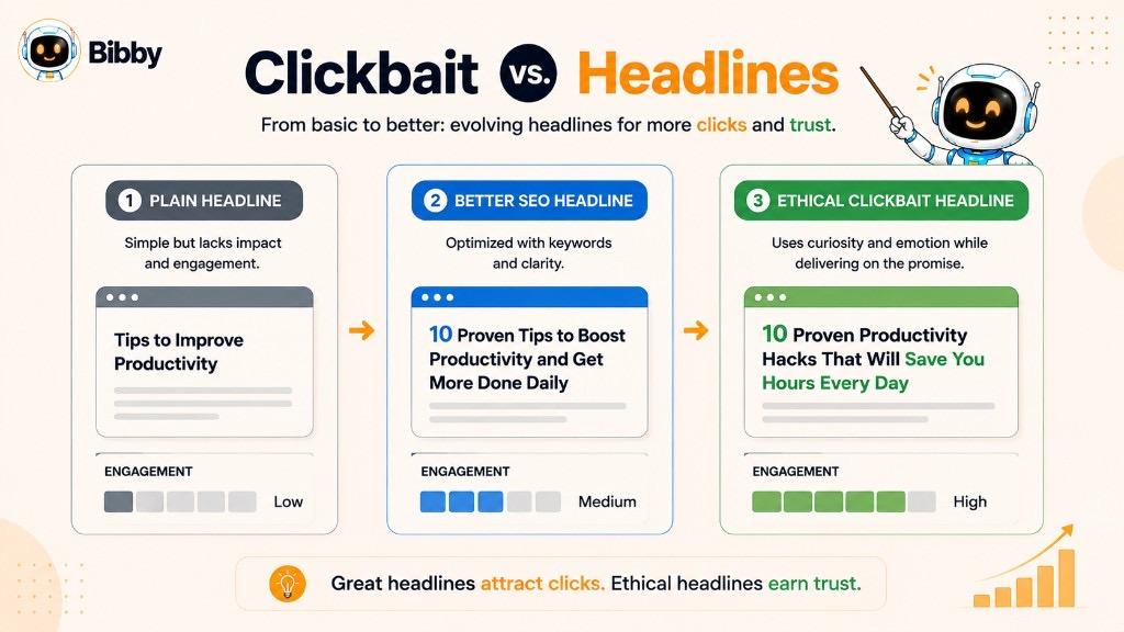 Infographic titled Clickbait vs Headlines comparing a plain headline, a better SEO headline, and an ethical clickbait headline with low, medium, and high engagement levels.