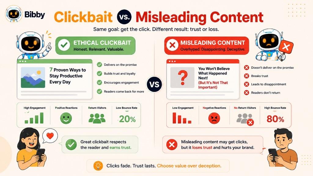 Infographic comparing ethical clickbait versus misleading content, contrasting high engagement and low bounce rate with broken trust, disappointment, and high bounce rate.