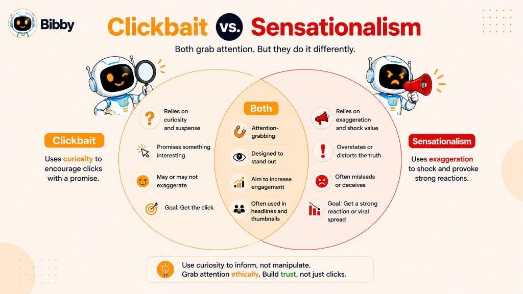 Venn diagram infographic Clickbait vs Sensationalism showing curiosity-driven clickbait, exaggeration-driven sensationalism, and shared attention-grabbing traits in the overlap.