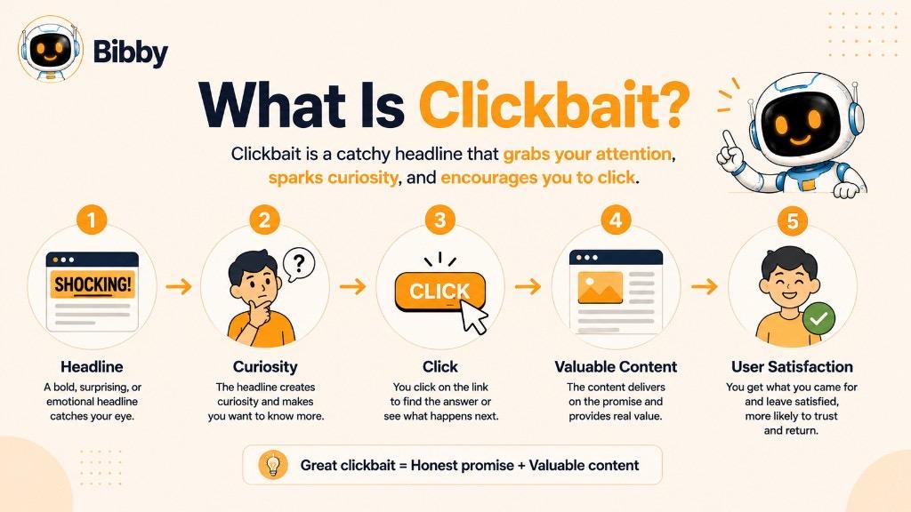 Infographic titled What Is Clickbait showing the five-step cycle from headline and curiosity to click, valuable content, and user satisfaction, with the formula honest promise plus valuable content.