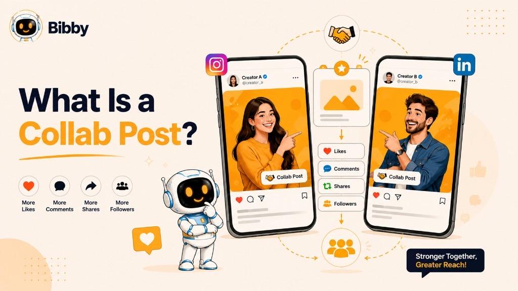Infographic titled What Is a Collab Post showing two creators collaborating on one shared post with combined likes, comments, shares, and followers for greater reach.