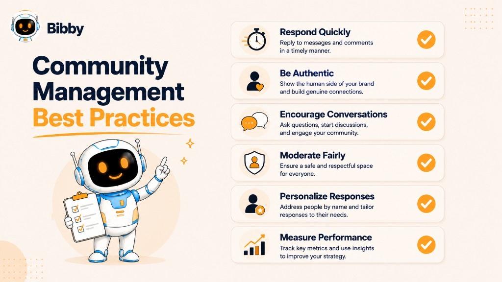 Infographic titled Community Management Best Practices with six tips: respond quickly, be authentic, encourage conversations, moderate fairly, personalize responses, and measure performance.