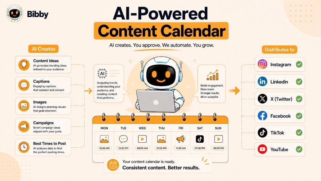 Infographic titled AI-Powered Content Calendar showing AI creating ideas, captions, images, campaigns, and best posting times, then scheduling and distributing to Instagram, LinkedIn, X, Facebook, TikTok, and YouTube.