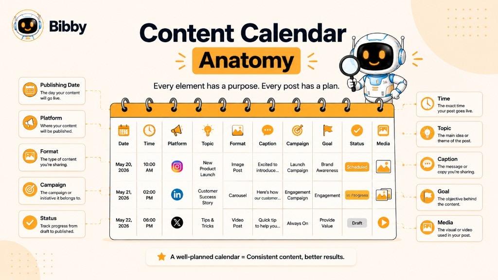 Infographic titled Content Calendar Anatomy showing ten columns including date, time, platform, topic, format, caption, campaign, goal, status, and media with definitions for each field.
