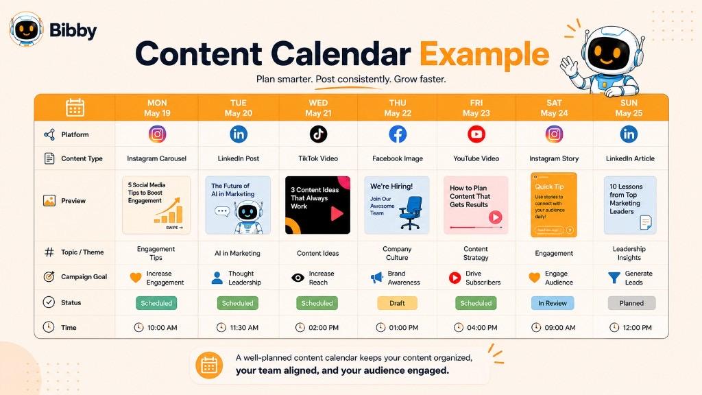 Infographic titled Content Calendar Example showing a weekly schedule with platform, content type, topic, campaign goal, status, and posting time for Instagram, LinkedIn, TikTok, Facebook, and YouTube.