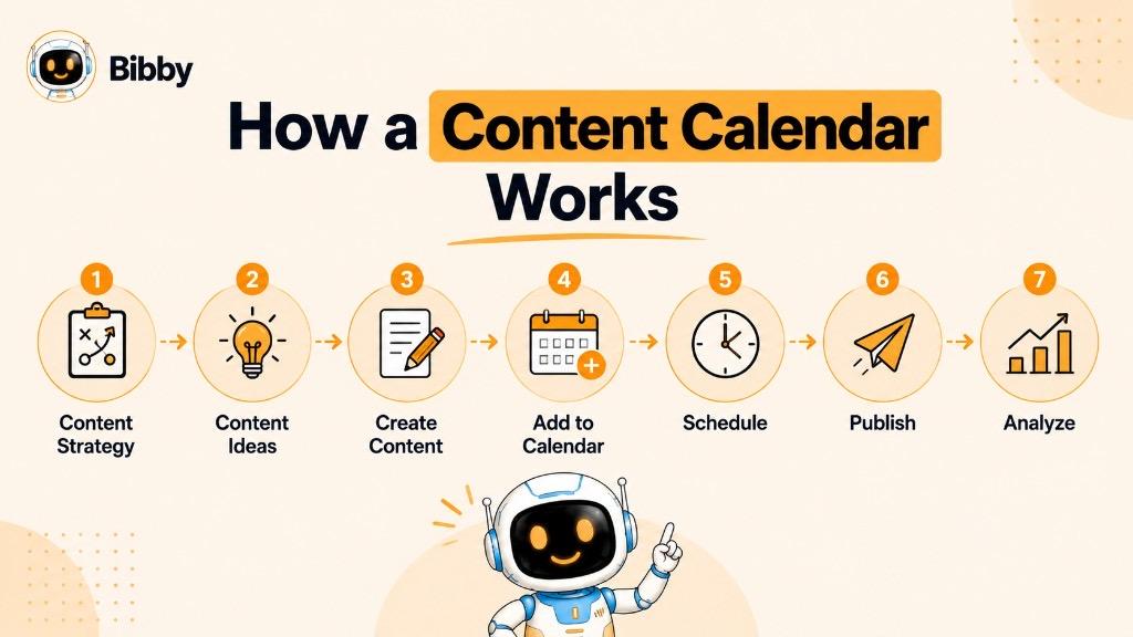 Infographic titled How a Content Calendar Works showing seven steps from content strategy and ideas through creation, adding to calendar, scheduling, publishing, and analysis.