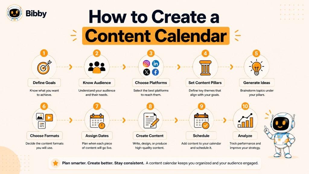 Infographic titled How to Create a Content Calendar with ten steps from defining goals and knowing your audience through platforms, pillars, ideas, formats, dates, creation, scheduling, and analysis.