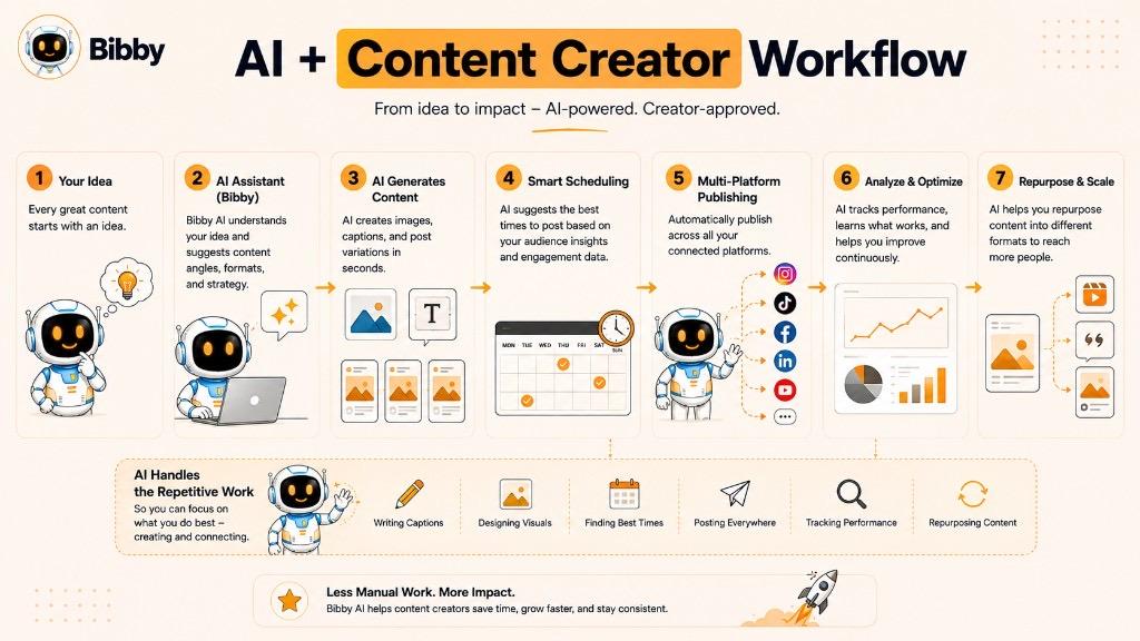 Infographic titled AI plus Content Creator Workflow showing seven steps from your idea through Bibby AI assistance, content generation, smart scheduling, multi-platform publishing, analysis, and repurposing.