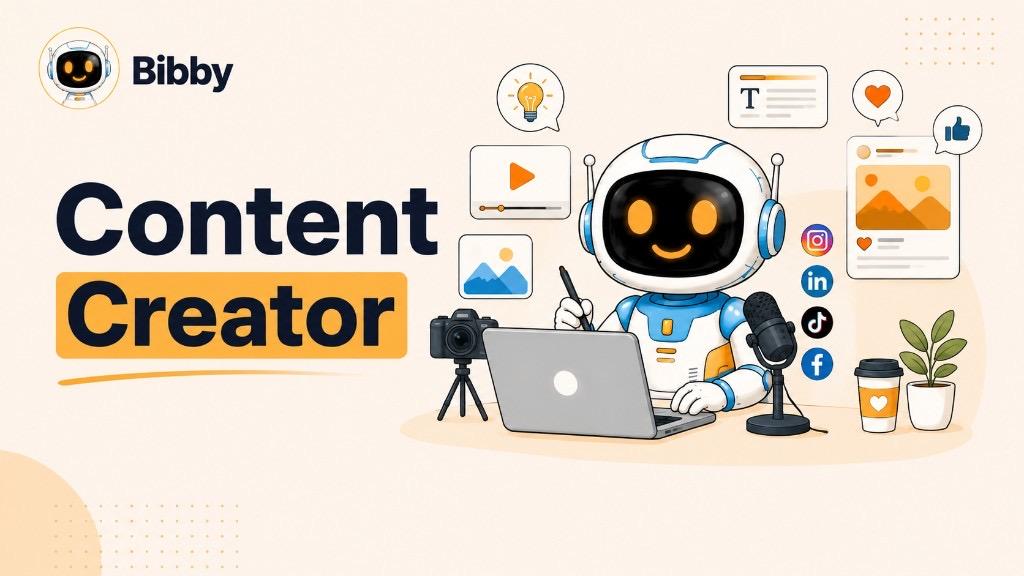 Bibby hero graphic for Content Creator showing the Bibby robot at a desk with a laptop, microphone, camera, and social media platform icons for Instagram, LinkedIn, TikTok, and Facebook on a cream background.