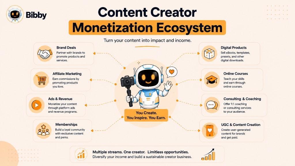 Infographic titled Content Creator Monetization Ecosystem covering brand deals, affiliate marketing, ads, memberships, digital products, courses, coaching, and UGC services.