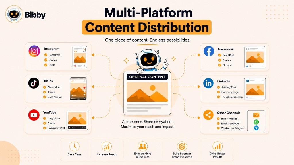 Infographic titled Multi-Platform Content Distribution showing one original piece repurposed across Instagram, TikTok, YouTube, Facebook, LinkedIn, blogs, email, and messaging channels.