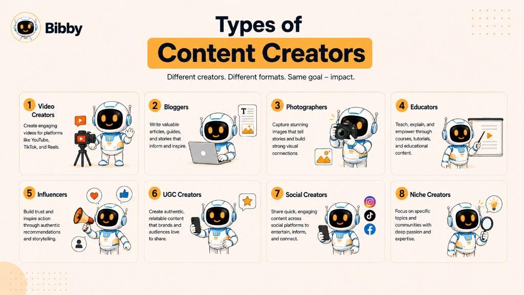Infographic titled Types of Content Creators covering video creators, bloggers, photographers, educators, influencers, UGC creators, social creators, and niche creators.