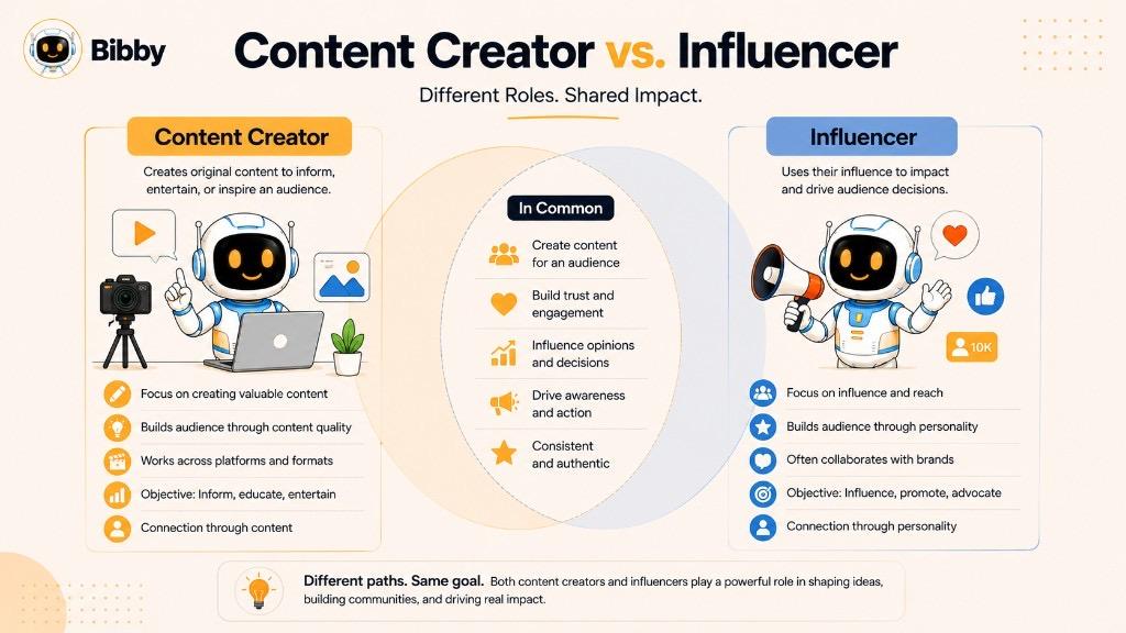 Venn diagram infographic Content Creator vs Influencer comparing content quality and creation focus with influence and reach, plus shared traits like trust, engagement, and audience building.
