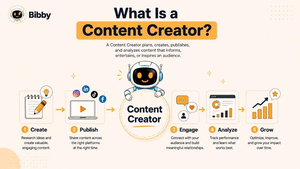 Infographic titled What Is a Content Creator showing five steps: create, publish, engage, analyze, and grow, with icons for content creation, social platforms, audience engagement, analytics, and growth.