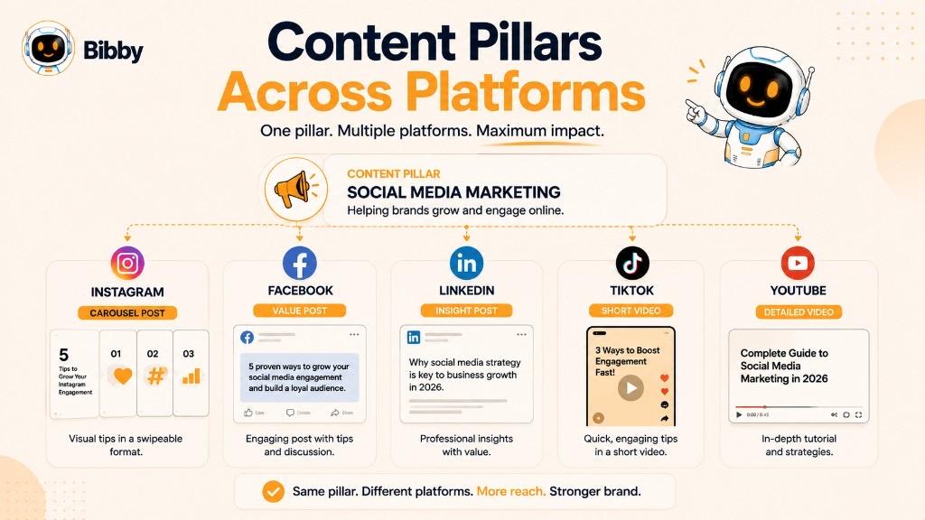 Infographic titled Content Pillars Across Platforms showing one Social Media Marketing pillar adapted into Instagram carousel, Facebook value post, LinkedIn insight post, TikTok short video, and YouTube detailed video.