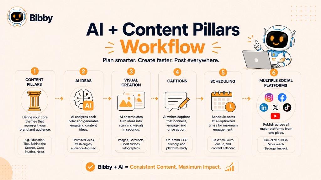 Infographic titled AI plus Content Pillars Workflow showing six steps: content pillars, AI ideas, visual creation, captions, scheduling, and multi-platform publishing.