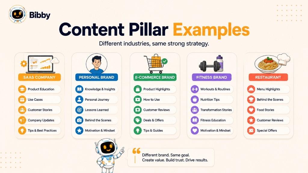 Infographic titled Content Pillar Examples showing pillars for SaaS, personal brand, ecommerce, fitness, and restaurant industries with specific topic lists for each.