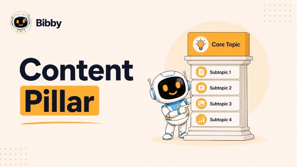 Bibby hero graphic for Content Pillar showing the Bibby robot beside a pillar with a core topic at the top and subtopics for documents, videos, images, and analytics on a cream background.