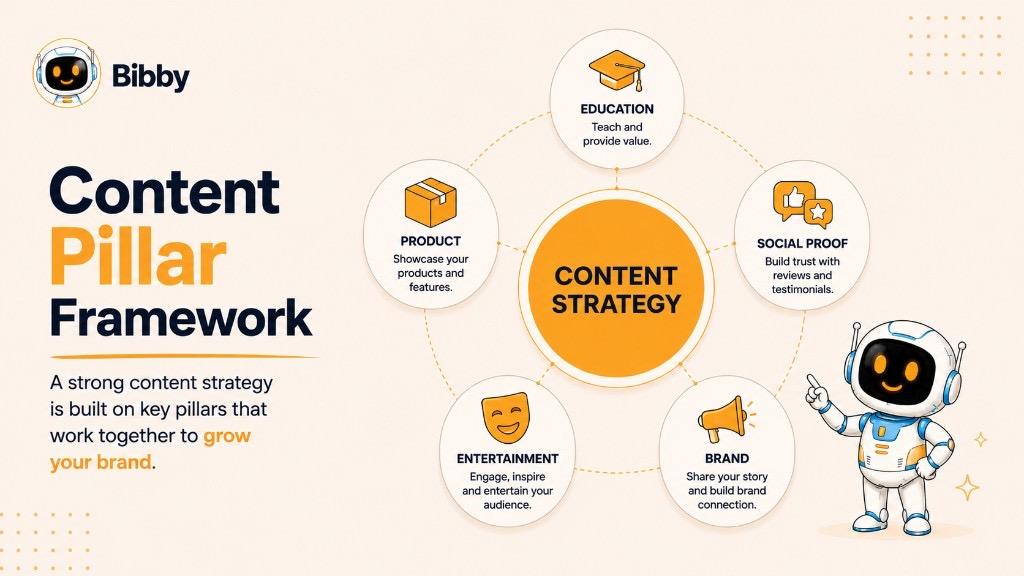 Infographic titled Content Pillar Framework showing five pillars — product, education, social proof, brand, and entertainment — surrounding a central content strategy hub.