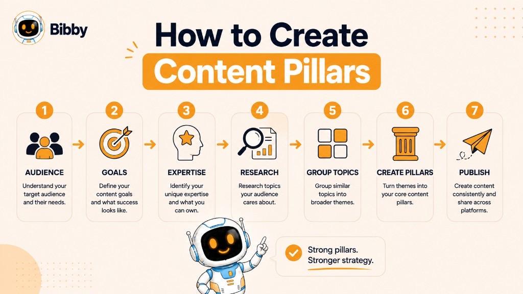Infographic titled How to Create Content Pillars showing seven steps: audience, goals, expertise, research, group topics, create pillars, and publish.