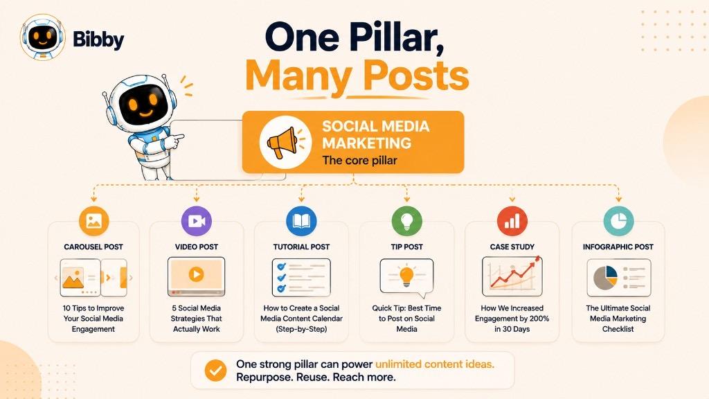 Infographic titled One Pillar Many Posts showing Social Media Marketing as a core pillar branching into carousel posts, videos, tutorials, tip posts, case studies, and infographic posts.