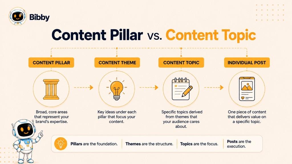 Infographic titled Content Pillar vs Content Topic showing the hierarchy from content pillar through content theme and content topic to individual post.
