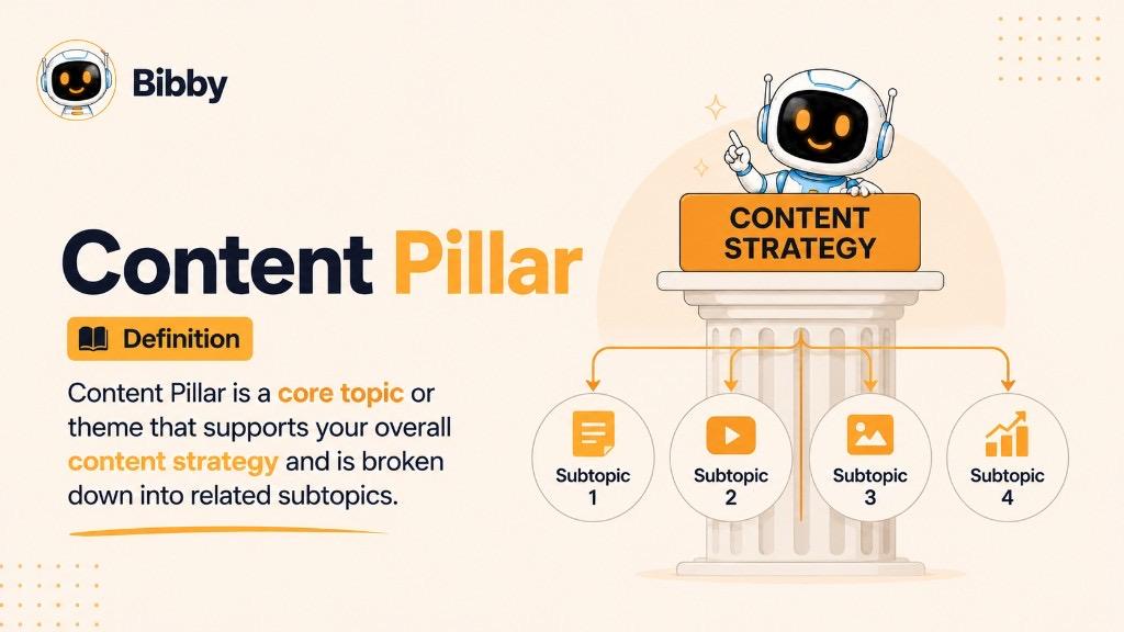 Infographic defining Content Pillar as a core topic supporting content strategy, illustrated with a classical pillar topped by Content Strategy and branching subtopics for articles, video, visuals, and analytics.