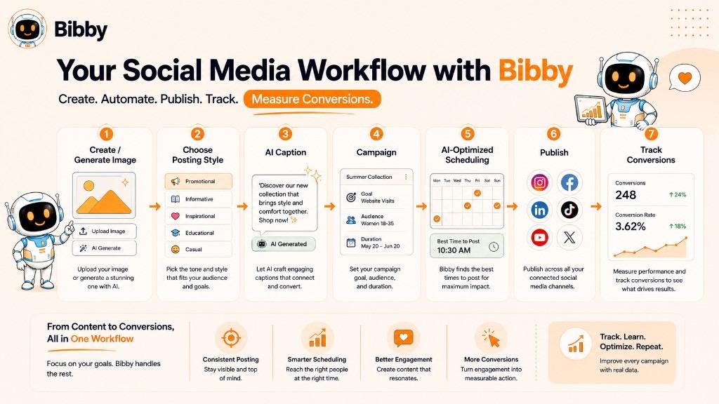 Infographic titled Your Social Media Workflow with Bibby showing seven steps from create or generate image through posting style, AI caption, campaign, AI-optimized scheduling, publish, and track conversions with a dashboard showing conversion rate.