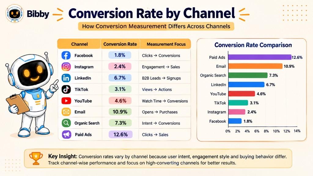 Infographic titled Conversion Rate by Channel comparing rates across Facebook, Instagram, LinkedIn, TikTok, YouTube, email, organic search, and paid ads with a bar chart ranking each channel.