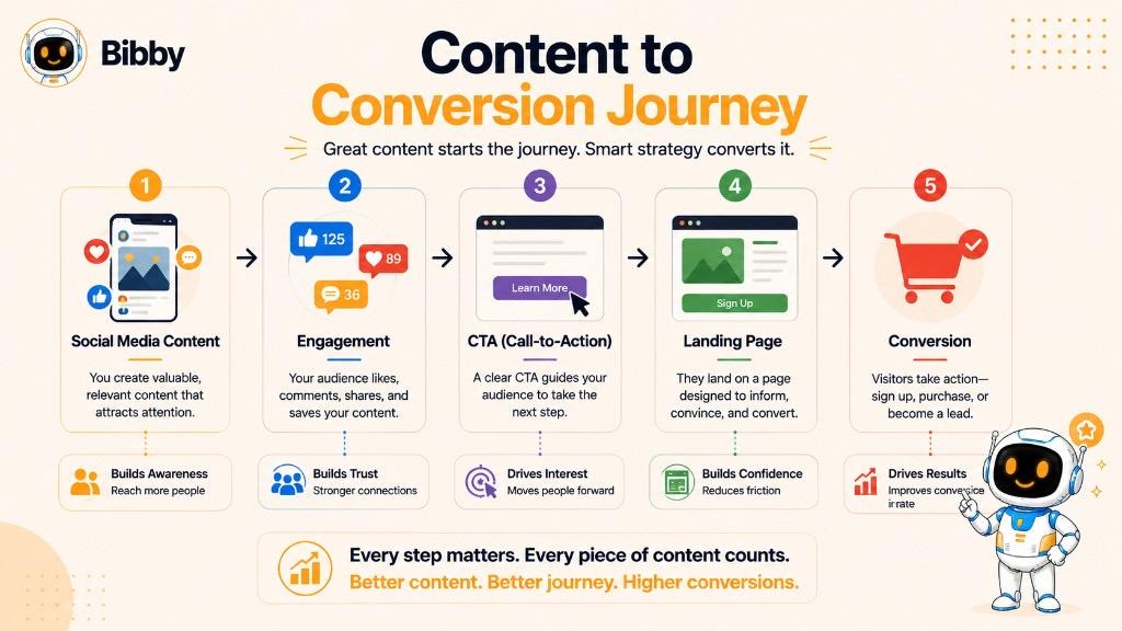 Infographic titled Content to Conversion Journey showing five steps: social media content, engagement, CTA, landing page, and conversion with outcome labels for awareness, trust, interest, confidence, and results.