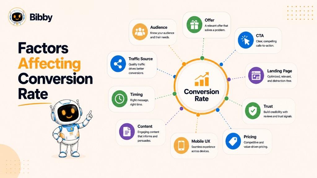 Infographic titled Factors Affecting Conversion Rate showing ten factors radiating from a central conversion rate hub: audience, offer, CTA, landing page, trust, pricing, mobile UX, content, timing, and traffic source.