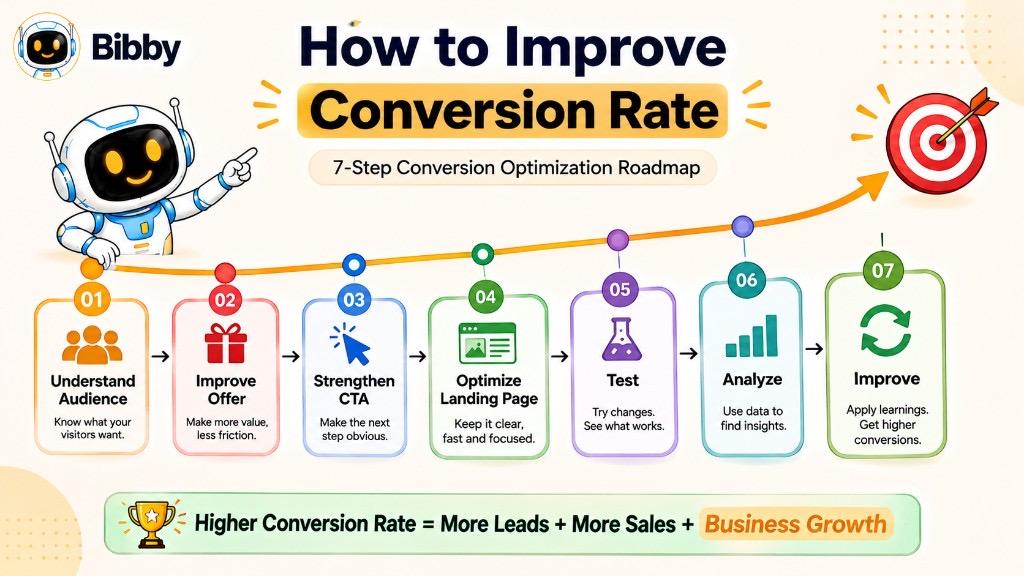 Infographic titled How to Improve Conversion Rate showing a 7-step optimization roadmap: understand audience, improve offer, strengthen CTA, optimize landing page, test, analyze, and improve.