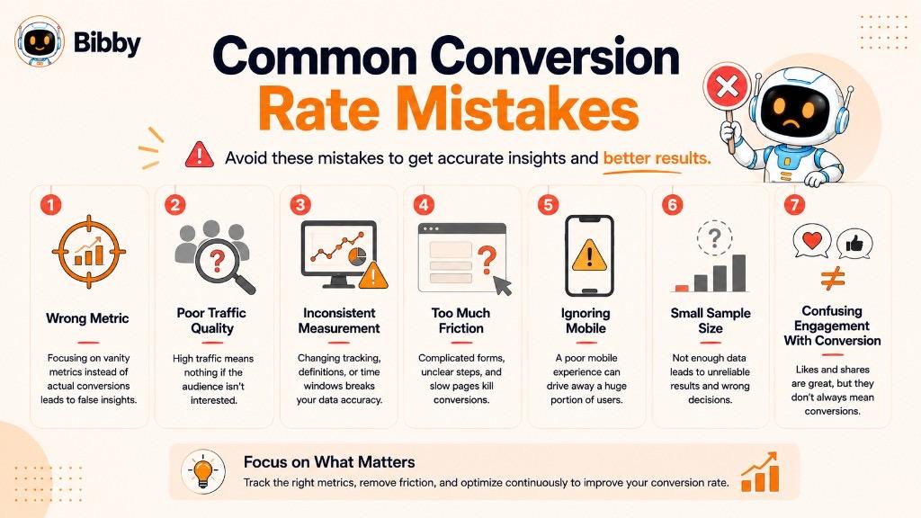 Infographic titled Common Conversion Rate Mistakes showing seven pitfalls: wrong metric, poor traffic quality, inconsistent measurement, too much friction, ignoring mobile, small sample size, and confusing engagement with conversion.