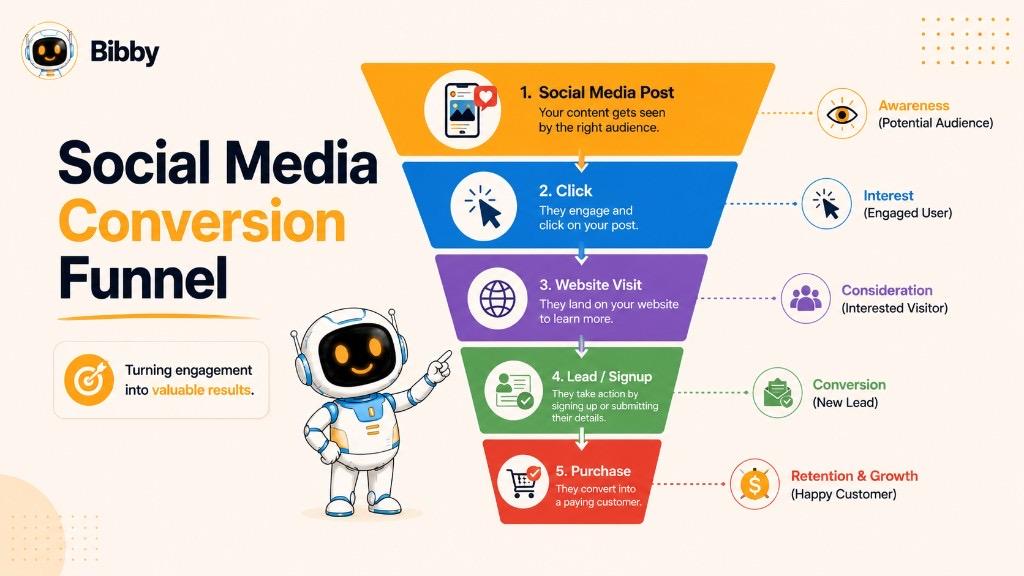 Infographic titled Social Media Conversion Funnel showing five stages: social media post, click, website visit, lead or signup, and purchase, mapped to awareness through retention.