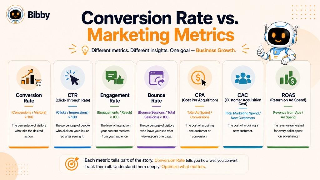 Infographic titled Conversion Rate vs Marketing Metrics comparing conversion rate, CTR, engagement rate, bounce rate, CPA, CAC, and ROAS with formulas and definitions for each.