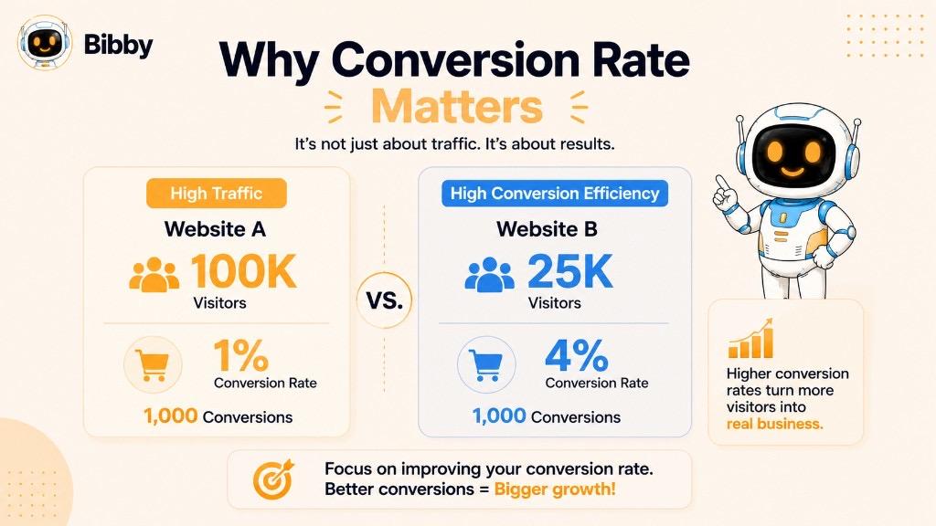 Infographic titled Why Conversion Rate Matters comparing Website A with 100K visitors at 1% and Website B with 25K visitors at 4%, both producing 1,000 conversions — higher conversion rates turn more visitors into real business.