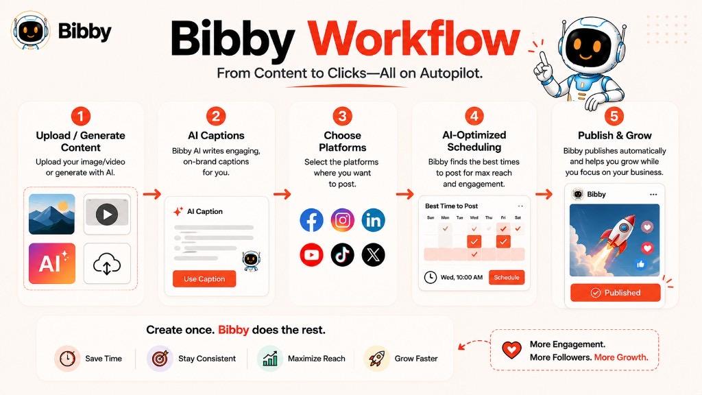 Infographic titled Bibby Workflow showing five steps from upload or generate content through AI captions, choose platforms, AI-optimized scheduling, and publish and grow.